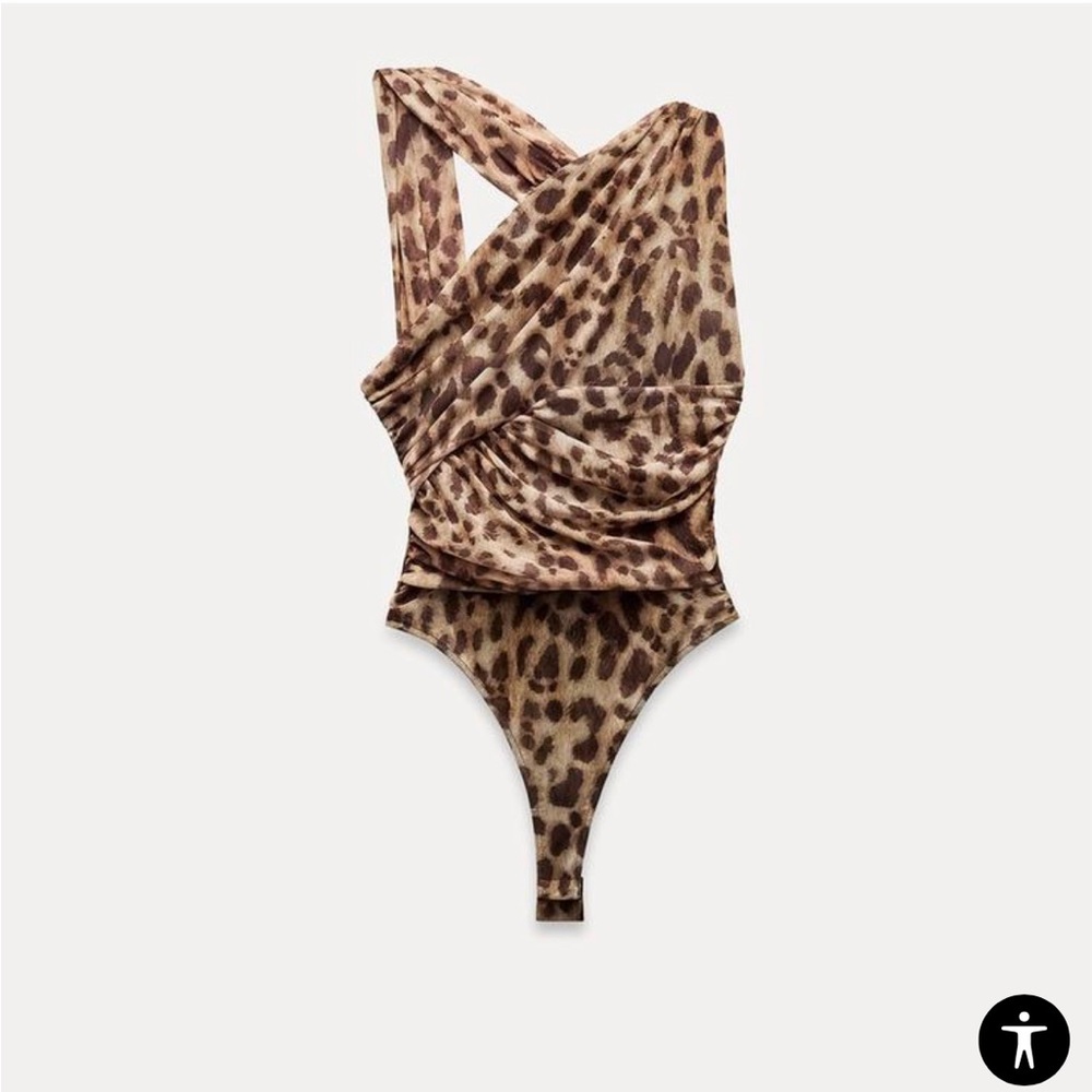 NWT DRAPED ASYMMETRICAL TULLE BODYSUIT Animal Print Sz Large